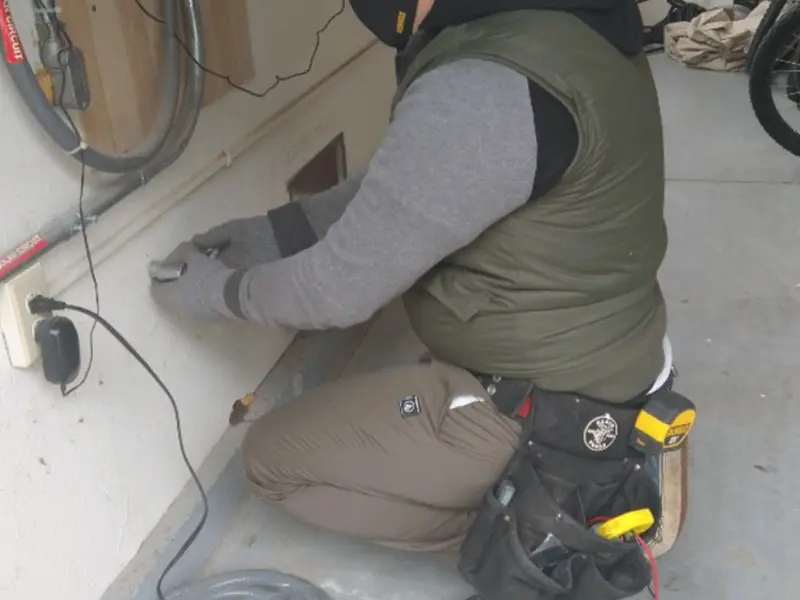 Electrician performing outlet wiring in a Blacklick Estates garage